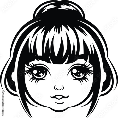 face depicts a young girl with big eyes and her hair styled beautifully