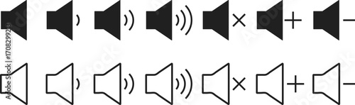 volume icon set. Speaker symbol collection. Volume sound level control adjustment 