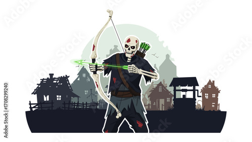 Undead Archer in Spooky Village: An illustrated undead archer draws back a glowing arrow within a shadowy, eerie village scene, blending fantasy and spooky aesthetic elements.