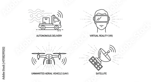 Vector illustration of autonomous delivery, virtual reality, unmanned aerial vehicle, and satellite icons, showcasing technological advancements