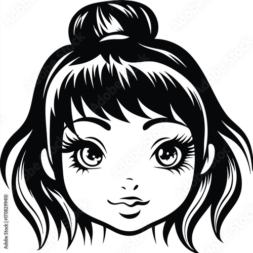Animated young girl with dark hair in a bun smiles sweetly in monochrome