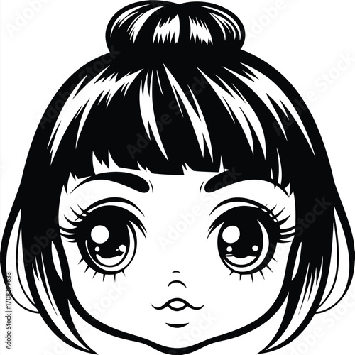 Black haired girl with anime eyes has her hair in a stylish bun