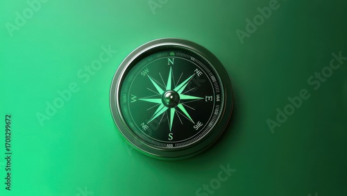 A metallic compass with a glowing green needle rests on a vibrant green background, suggesting direction and guidance