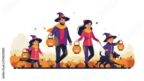 Happy Halloween Family: A family of four, donned in festive attire and illuminated by glowing jack-o'-lanterns, joyfully embarks on a Halloween celebration filled with joy.