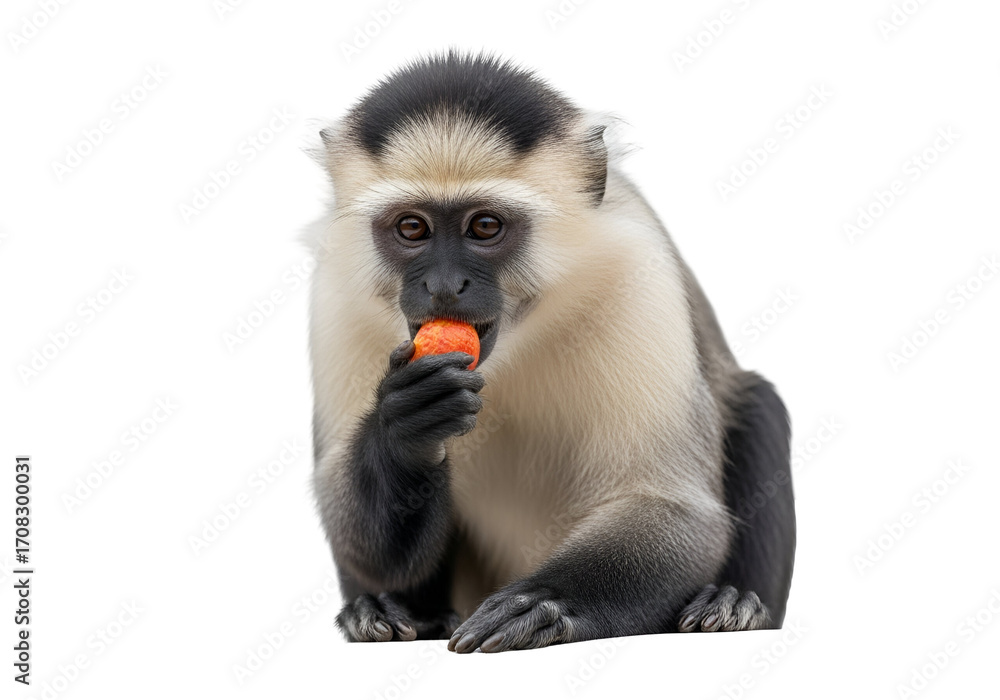 Fototapeta premium Close-up of a primate, displaying a peaceful expression while holding and consuming a piece of fruit.? The image highlights the detailed features and textures of the animal's fur and the orange food.