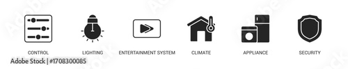 Smart Home Glyph Icon Set For Web Banner. Vector Illustration Concept With Some Icons. Designed In Glyph Style