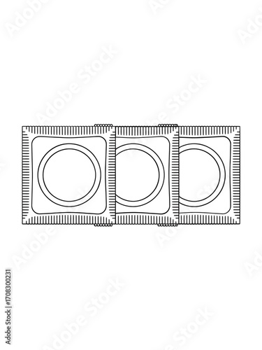 Three individually wrapped condoms in a row illustration