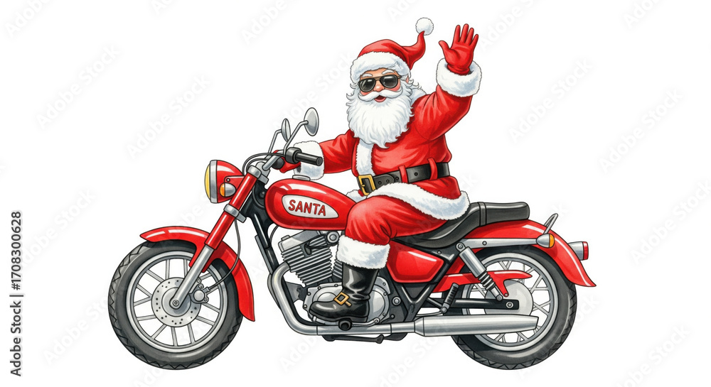 custom made wallpaper toronto digitalSanta Claus riding red motorcycle waving cheerfully wearing classic red suit black boots sunglasses white beard festive holiday spirit isolated on white background