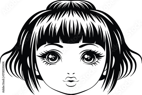 Black and white manga girl with short, styled hair presents a kissy expression