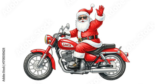 Wallpaper Mural Santa Claus riding red motorcycle waving cheerfully wearing classic red suit black boots sunglasses white beard festive holiday spirit isolated on white background Torontodigital.ca