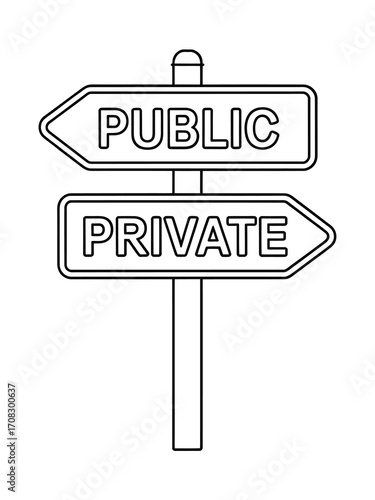 Black and white directional signpost with public and private options