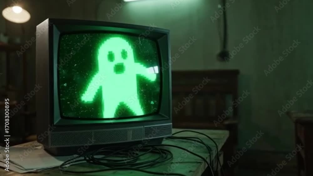 Ghostly figure appearing on old television screen in a dark room ...