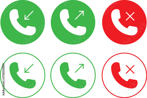 Incoming outgoing and missed call icon set. Phone call symbol.  Mobile communication sign