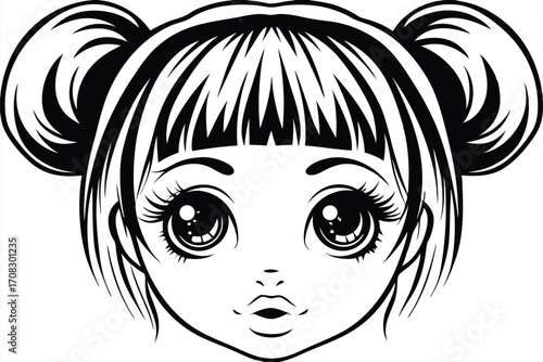 Cute young girl with pigtails, bangs, and big eyes shows an endearing expression