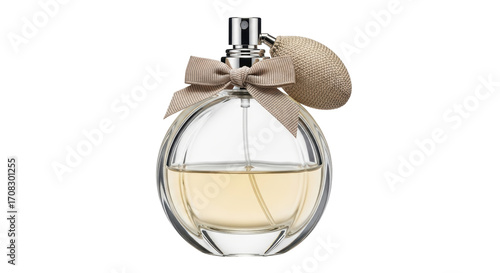 Bild auf Leinwand Isolated elegant perfume bottle with bow and atomizer on a bright surface, luxur