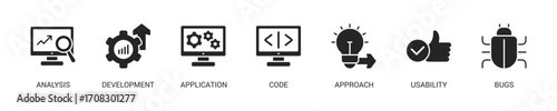 Software Testing Glyph Icon Set For Web Banner. Vector Illustration Concept With Some Icons. Designed In Glyph Style