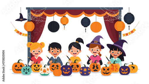 Halloween Craft Time: A group of excited children, dressed in playful costumes and with artistic talent, gathering around a table to craft spooky pumpkins.