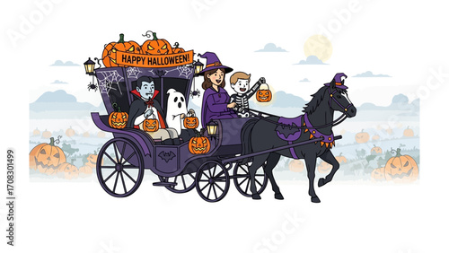 Spooky Halloween Carriage: An illustrated whimsical scene of a Halloween carriage is drawn, it's transporting a witch, vampire, skeleton, ghost and child riding a carriage.