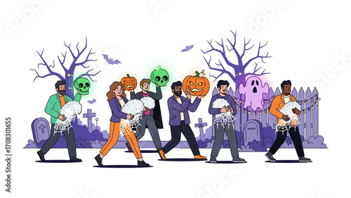 Halloween Procession: A diverse group of people carries decorative Halloween elements against a festive, stylized background of a graveyard, bats, and spooky trees. A scene exuding festive cheer.