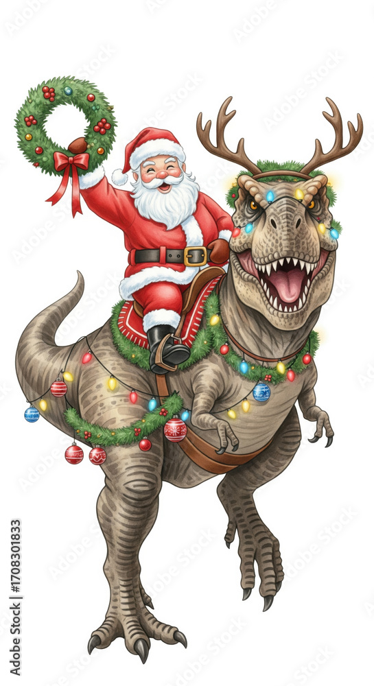 Obraz premium Santa Claus dinosaur Christmas wreath holiday festive lights garland reindeer antlers cheerful fantasy winter celebration costume joy humor illustration decoration creative unique happy magical