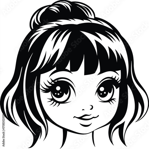 Adorable face portrait of a black haired girl smiling with a stylish bun
