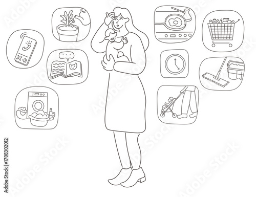 mom with baby in doodle style.Illustration for banner postcard design print sticker poster background