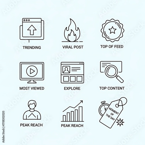 Simple line icons illustrating various social media metrics, including trending, viral posts, top of feed, most viewed content, explore, top content, peak reach, and moment of the day.