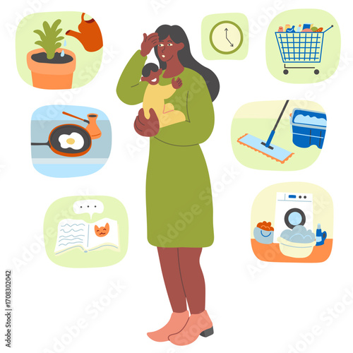 mom with baby in doodle style.Illustration for banner postcard design print sticker poster background