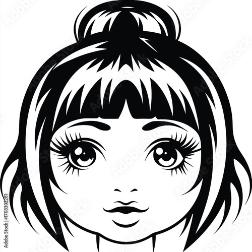 Illustrated girl face with large eyelashes shows a minimalist monochrome style with bun hair