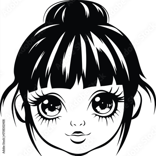 Frontfacing monochrome portrait features a stylized young female with bold black hair in a bun
