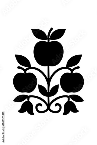 Minimalist Decorative Artwork of Red Apples with Leaves in Symmetrical Folk Pattern for British Countryside Inspired Wallmate Vector Design