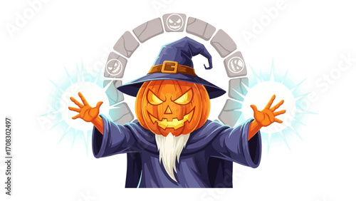Wizardly Pumpkin Conjuring Magic: A whimsical Halloween illustration featuring a jack-o'-lantern with a wizard's hat, conjuring mystical energy. A spirited and creative depiction of the holiday.