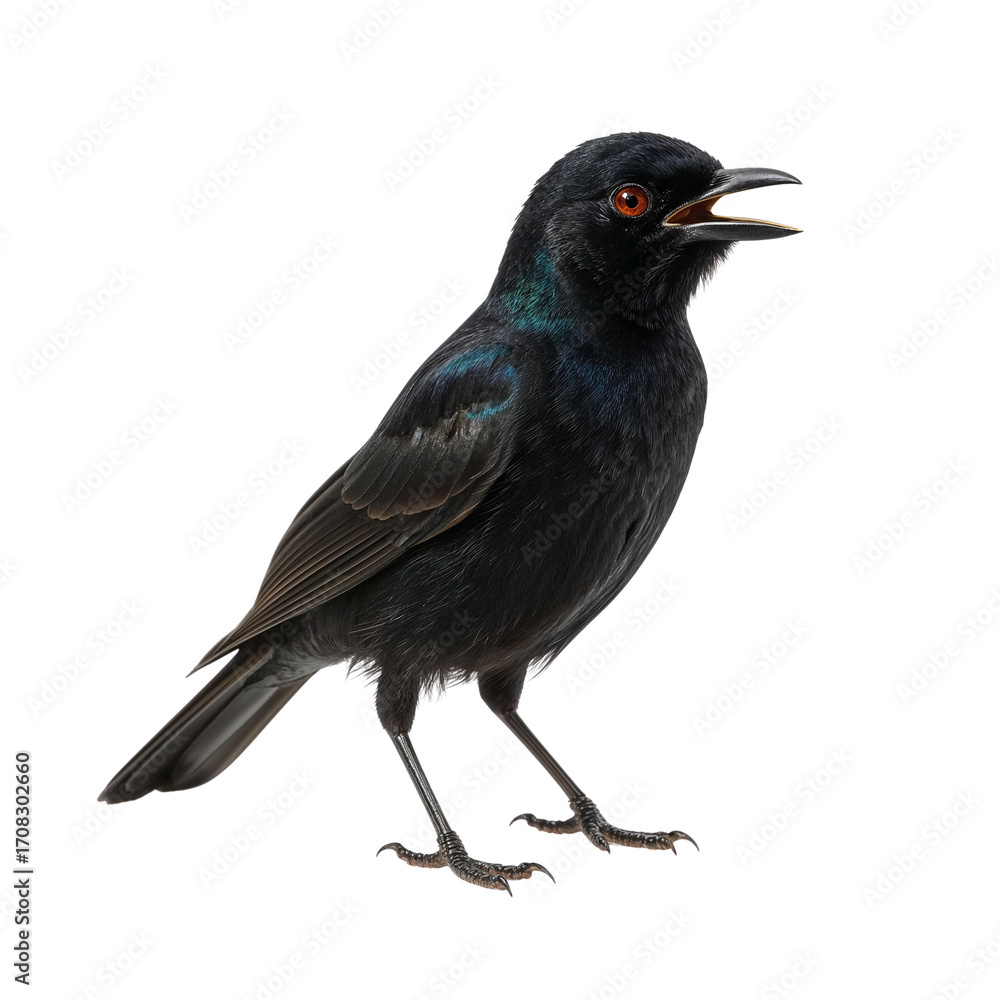 Obraz premium Isolated iridescent bird portrait displaying deep plumage depth against a transparent setting