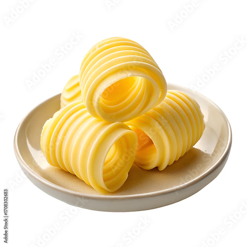 Fotografía Curls of butter on a plate, isolated on white background