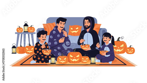 Happy Halloween Family: A cheerful family, dressed in Halloween pajamas, enjoys carving pumpkins together, surrounded by glowing jack-o'-lanterns and festive lanterns.