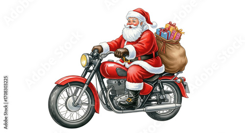 Santa Claus motorcycle Christmas gift holiday red festive winter cheerful cartoon Santa Claus rides red motorcycle carrying sack of gifts spreading holiday cheer and joy