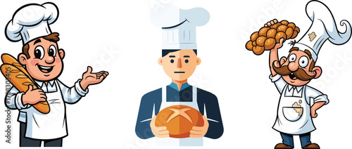 Cartoon and flat style bakers holding fresh bread, bakery chef characters with loaf, artisan bread, and cooking attire for design