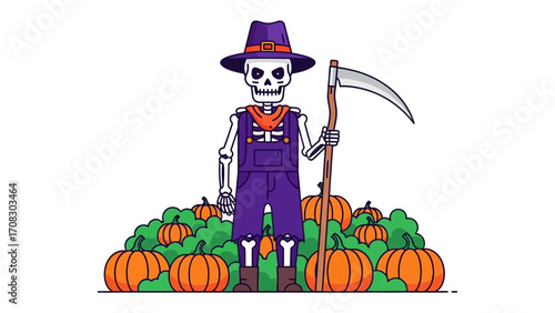 Halloween Harvester: An illustrated skeleton farmer, adorned in a hat and overalls, stands with a scythe amidst a vibrant patch of pumpkins, capturing the spooky and festive spirit of Halloween.
