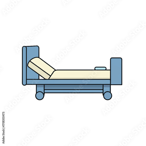 Illustration of a blue hospital bed with an elevated headrest, mattress, pillow, and wheels on a white background.