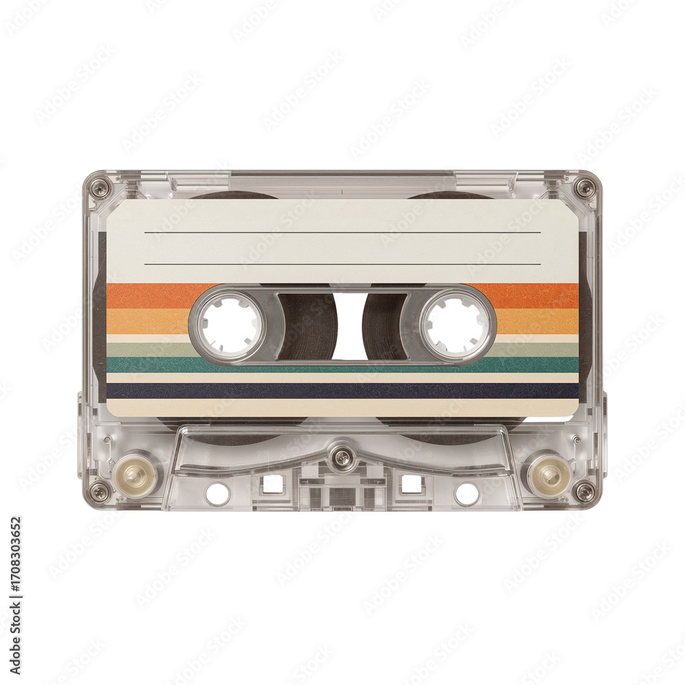 Obraz premium Nostalgic auditory tool showcasing retro stripe design on a transparent cassette tape