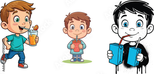 Cartoon boys drinking juice, kids holding drinks with straws, cute colorful characters, happy children illustration, isolated on white background