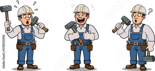 Cartoon construction worker holding hammer, confused builder character, funny repairman expression, cartoon handyman in uniform with tools and helmet