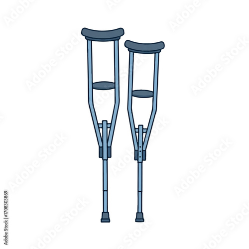 Two blue crutches standing upright, providing support for mobility and aiding in recovery.