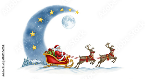 Wallpaper Mural Santa Claus riding sleigh with reindeer under starry night sky, full moon, snowy landscape, festive and joyful Christmas scene, winter holiday illustration Torontodigital.ca