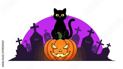 Mysterious Halloween Scene: A sleek black cat perches atop a carved pumpkin, casting a watchful gaze over the eerie silhouette of a graveyard, invoking the spirit of Halloween.