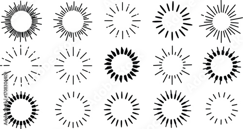 Collection of circular burst patterns radiating lines and star shapes on transparent background