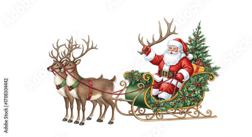 Wallpaper Mural Santa Claus sleigh reindeer Christmas tree gift festive holiday winter cheerful traditional illustration of Santa Claus riding sleigh pulled by reindeer with decorated Christmas tree and presents Torontodigital.ca