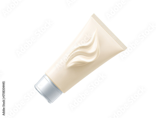 Cream tube, light beige, sculpted design.  Creamy, textured,  plastic container.  Silver top.  Cosmetic product