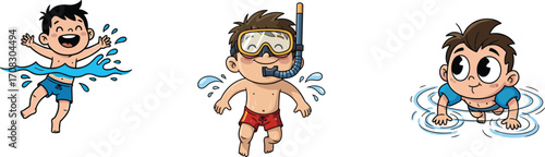 Cartoon kids swimming, diving and playing in water, cute children enjoying summer pool activities, aquatic fun illustration for learning and fun
