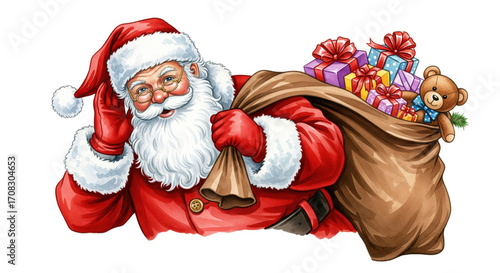 Santa Claus carrying large brown sack filled with colorful wrapped gifts and teddy bear, smiling joyfully in classic red suit and hat, festive holiday spirit